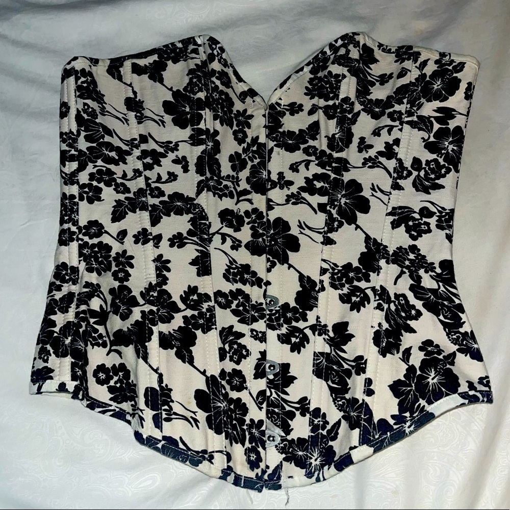 Black and White Floral Lace Up Corset Size Small
